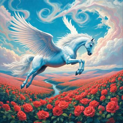 Primary subject: A white horse with blue wings flying through a field of red flowers.

Setting/background: The horse is flying over a field of red flowers, with a blue sky in the background.

Visual style: The image is a digital art illustration.

Colors and mood: The dominant colors are red and blue, with the red flowers creating a vibrant and lively atmosphere.
